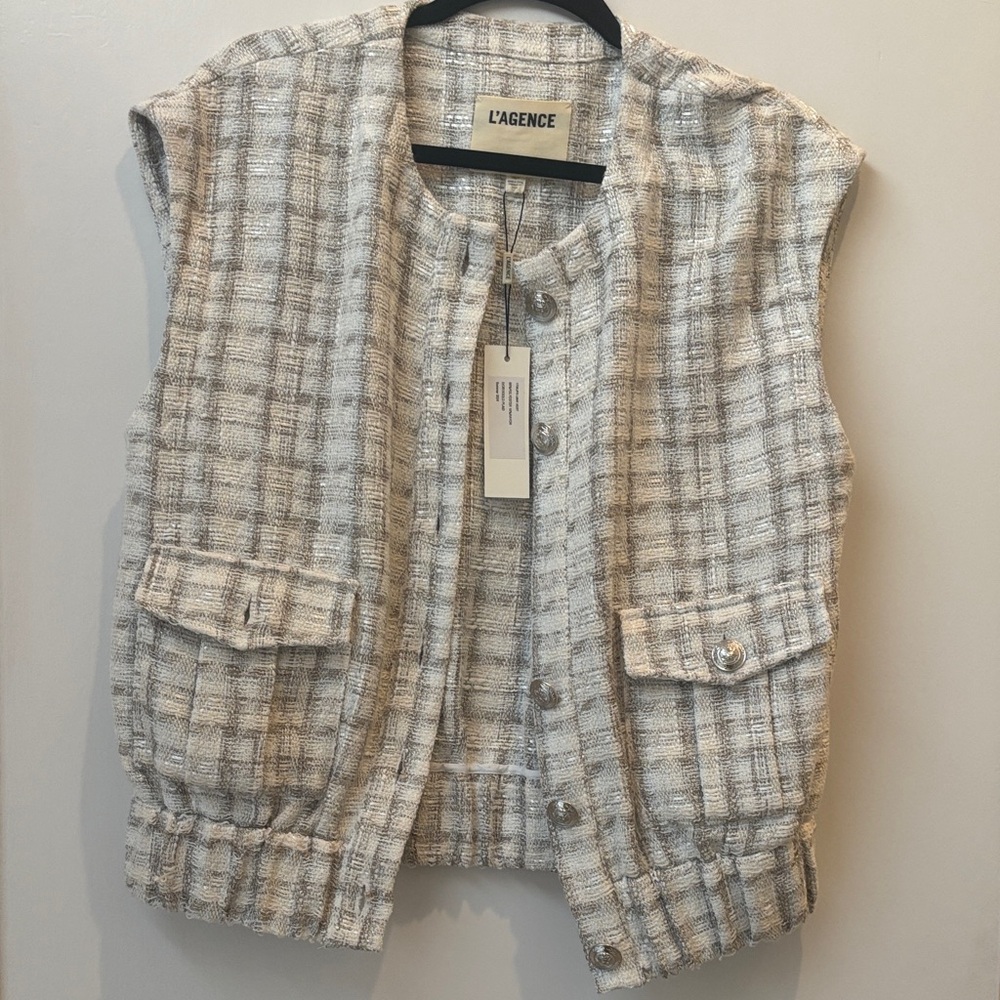 L'AGENCE Tweed UMA Button Front Vest in Neutral Plaid xs brand new